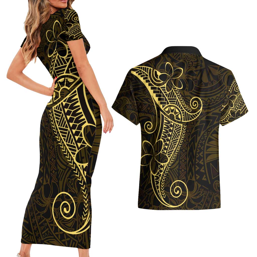 Black Gold Polynesian Tribal Couples Matching Short Sleeve Bodycon Dress and Hawaiian Shirt LT9 - Polynesian Pride