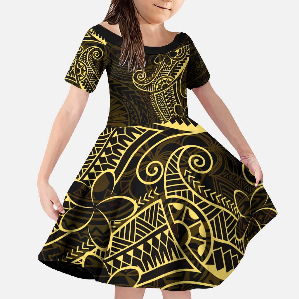 Black Gold Polynesian Tribal Family Matching Long Sleeve Bodycon Dress and Hawaiian Shirt LT9 Daughter's Dress Gold - Polynesian Pride