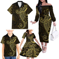 Black Gold Polynesian Tribal Family Matching Off The Shoulder Long Sleeve Dress and Hawaiian Shirt - Polynesian Pride