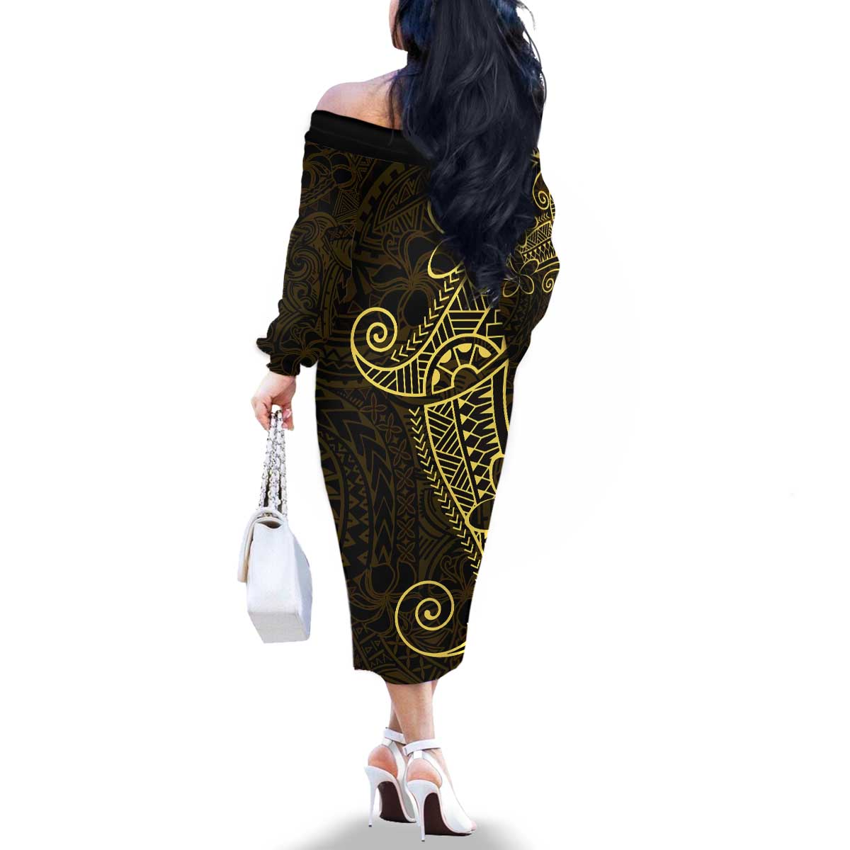 Black Gold Polynesian Tribal Family Matching Off The Shoulder Long Sleeve Dress and Hawaiian Shirt - Polynesian Pride