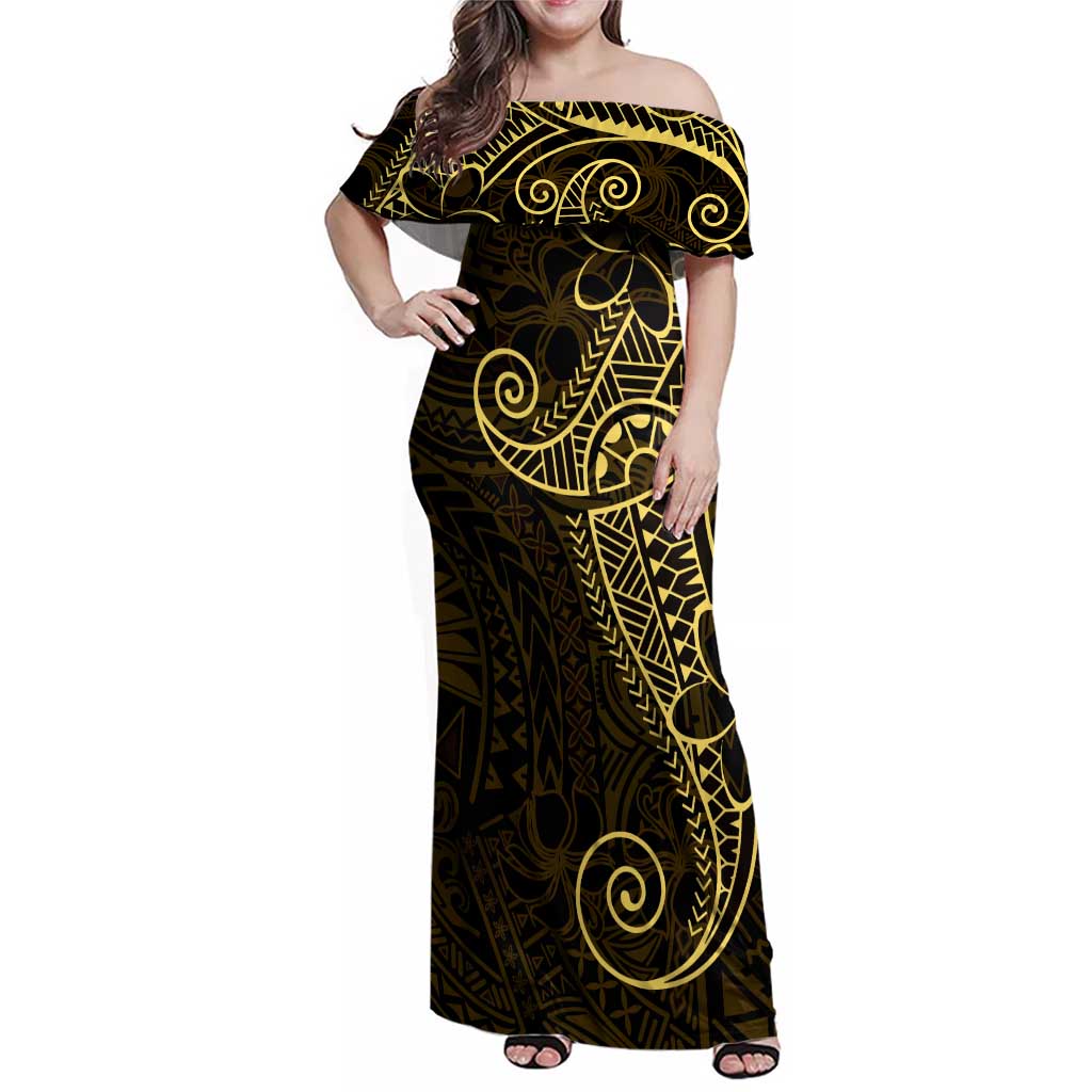 Black Gold Polynesian Tribal Family Matching Off Shoulder Maxi Dress and Hawaiian Shirt - Polynesian Pride