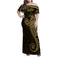 Black Gold Polynesian Tribal Family Matching Off Shoulder Maxi Dress and Hawaiian Shirt - Polynesian Pride