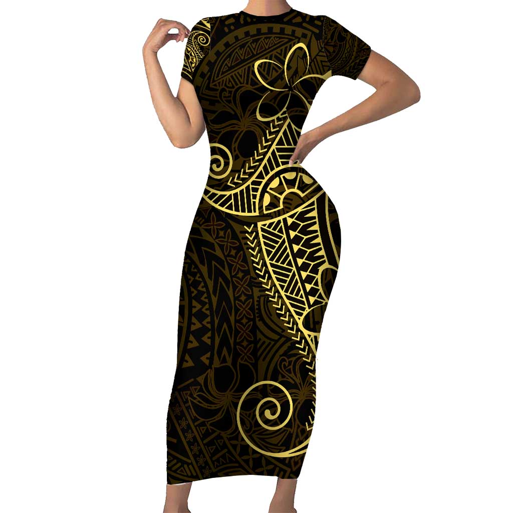 Black Gold Polynesian Tribal Family Matching Short Sleeve Bodycon Dress and Hawaiian Shirt - Polynesian Pride