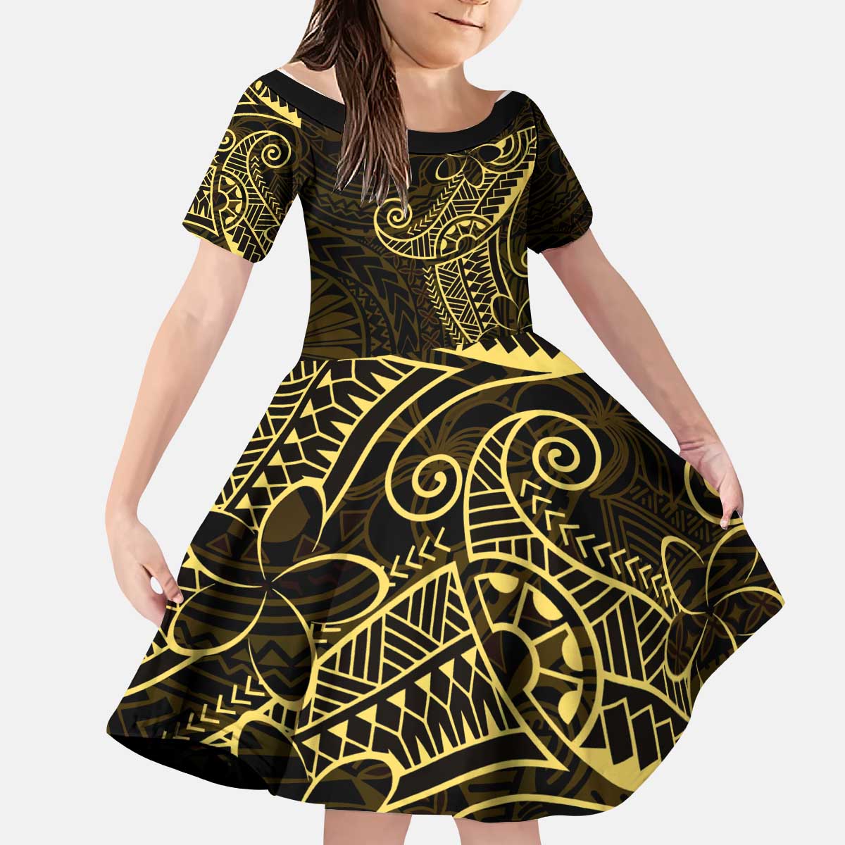 Black Gold Polynesian Tribal Kid Short Sleeve Dress - Polynesian Pride