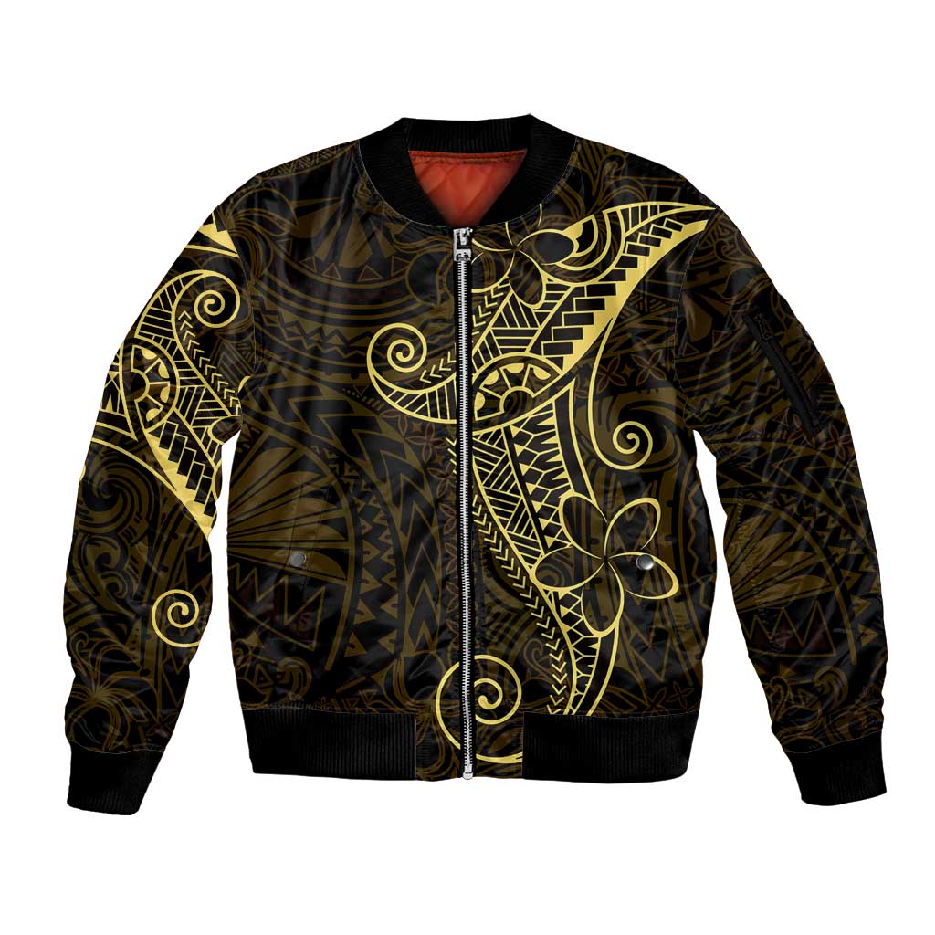 Black Gold Polynesian Tribal Sleeve Zip Bomber Jacket LT9 Unisex Gold - Polynesian Pride