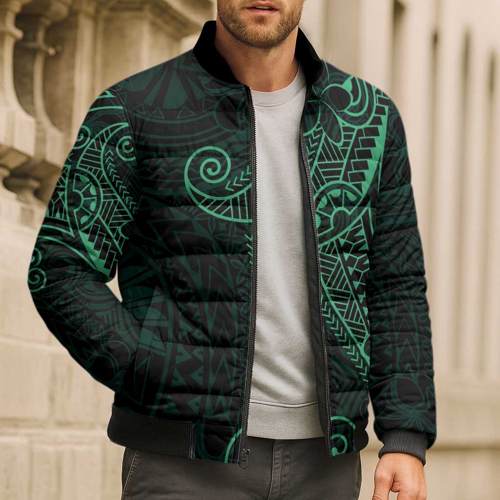 Black Green Polynesian Tribal Bomber Puffer Jacket - Polynesian Pride
