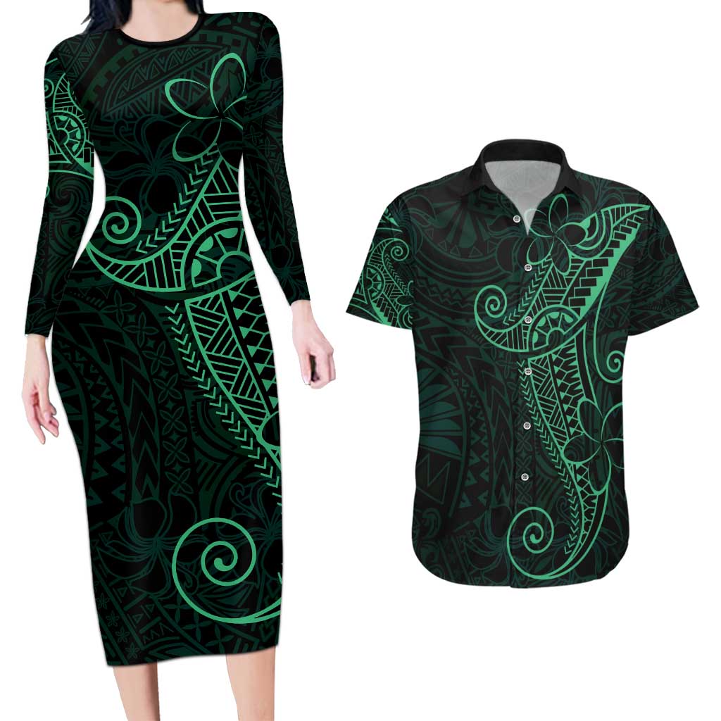 Black Green Polynesian Tribal Couples Matching Long Sleeve Bodycon Dress and Hawaiian Shirt LT9 Green - Polynesian Pride