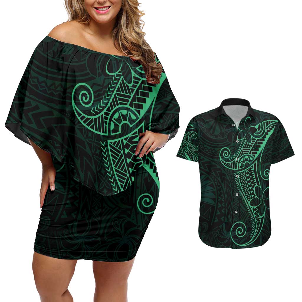 Black Green Polynesian Tribal Couples Matching Off Shoulder Short Dress and Hawaiian Shirt LT9 Green - Polynesian Pride
