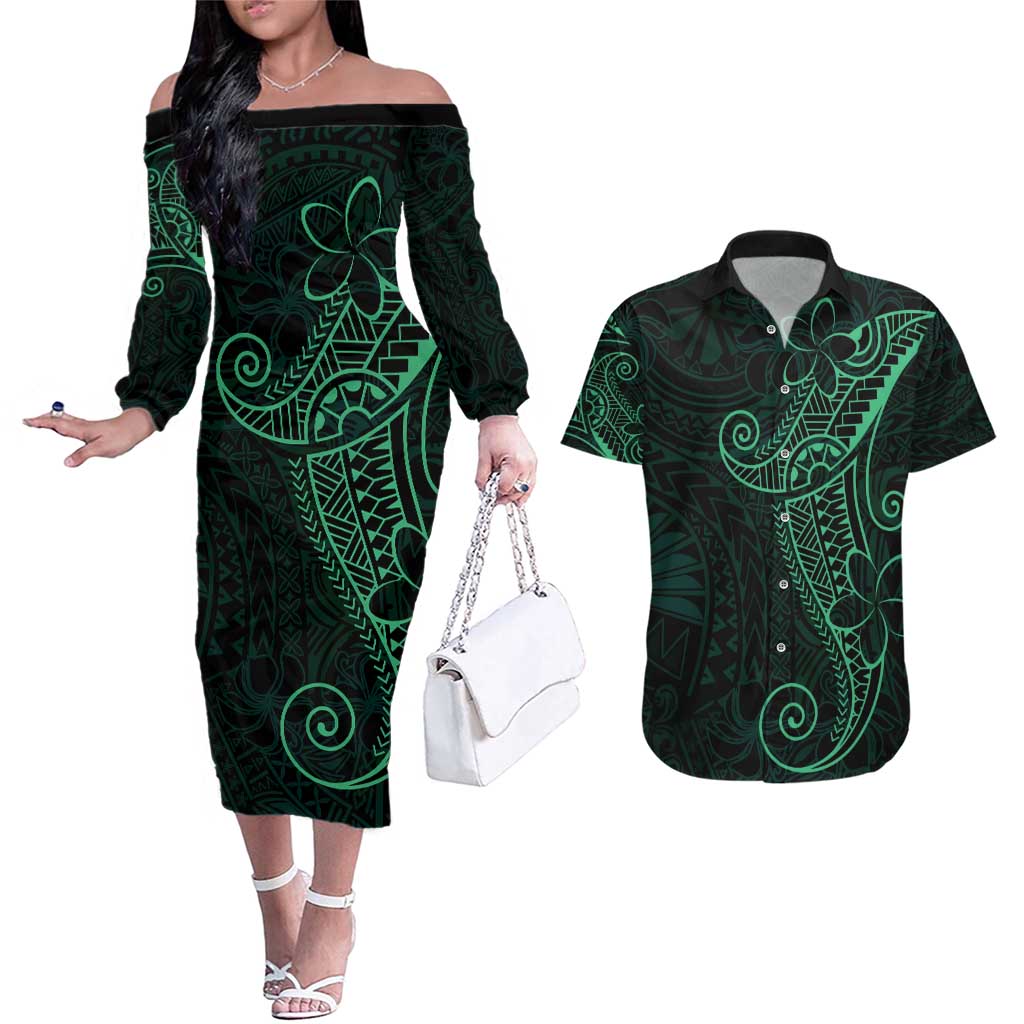 Black Green Polynesian Tribal Couples Matching Off The Shoulder Long Sleeve Dress and Hawaiian Shirt - Polynesian Pride