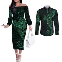 Black Green Polynesian Tribal Couples Matching Off The Shoulder Long Sleeve Dress and Long Sleeve Button Shirt LT9 Green - Polynesian Pride