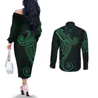 Black Green Polynesian Tribal Couples Matching Off The Shoulder Long Sleeve Dress and Long Sleeve Button Shirt LT9 - Polynesian Pride