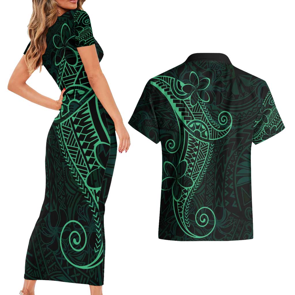 Black Green Polynesian Tribal Couples Matching Short Sleeve Bodycon Dress and Hawaiian Shirt LT9 - Polynesian Pride