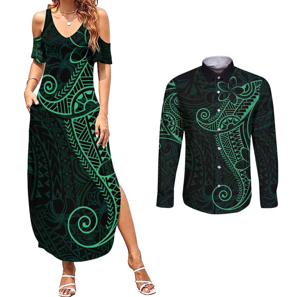 Black Green Polynesian Tribal Couples Matching Summer Maxi Dress and Long Sleeve Button Shirt - Polynesian Pride