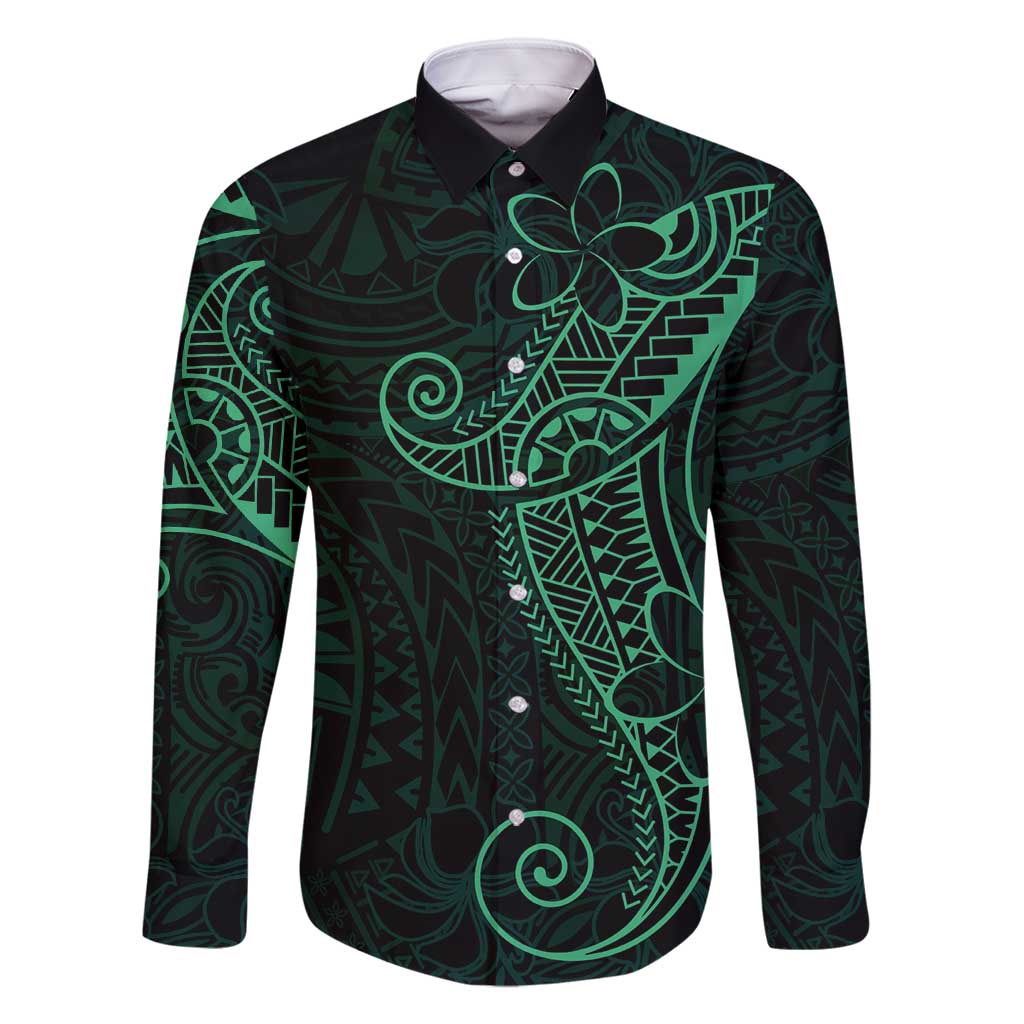 Black Green Polynesian Tribal Family Matching Long Sleeve Bodycon Dress and Hawaiian Shirt - Polynesian Pride