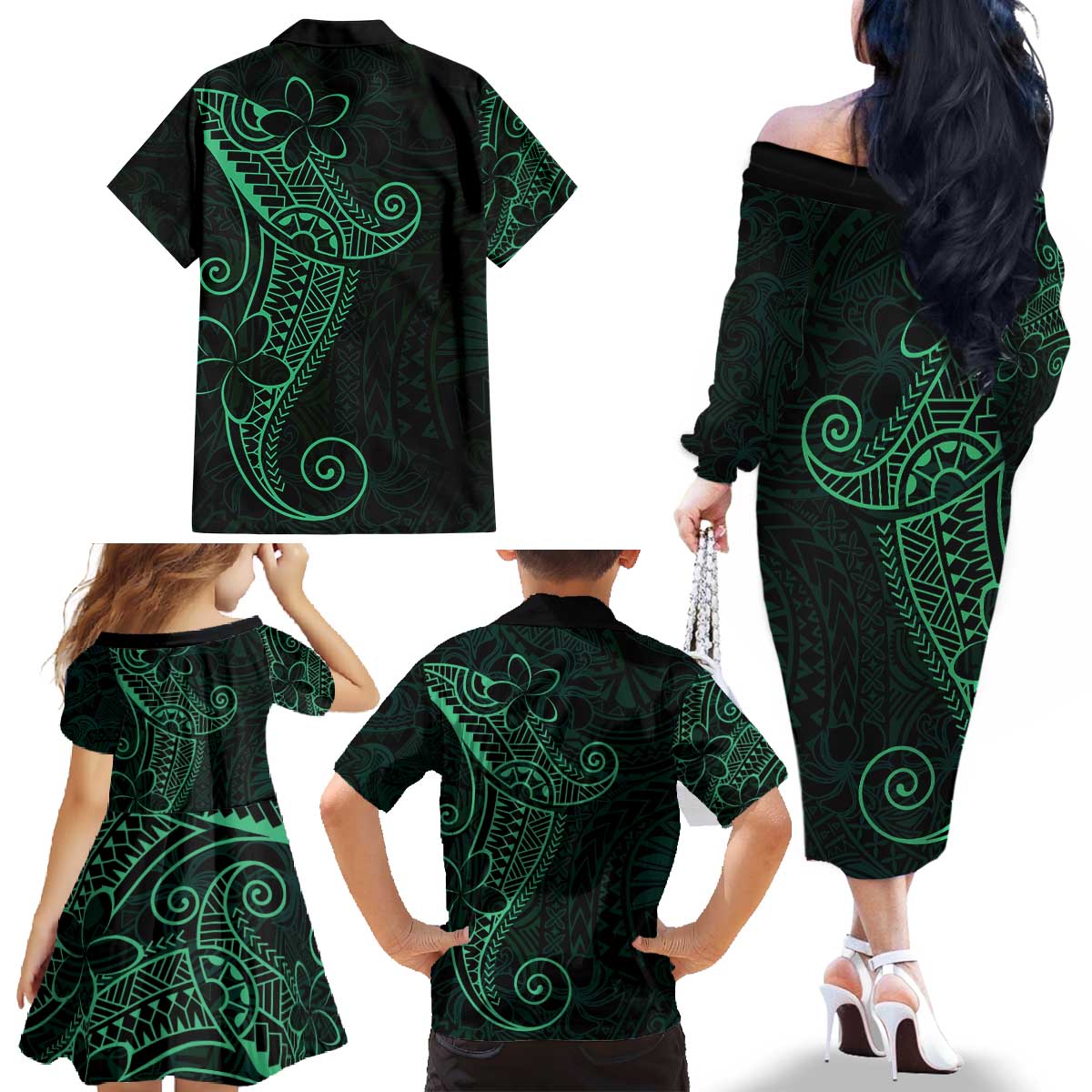 Black Green Polynesian Tribal Family Matching Off The Shoulder Long Sleeve Dress and Hawaiian Shirt - Polynesian Pride