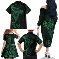 Black Green Polynesian Tribal Family Matching Off The Shoulder Long Sleeve Dress and Hawaiian Shirt - Polynesian Pride