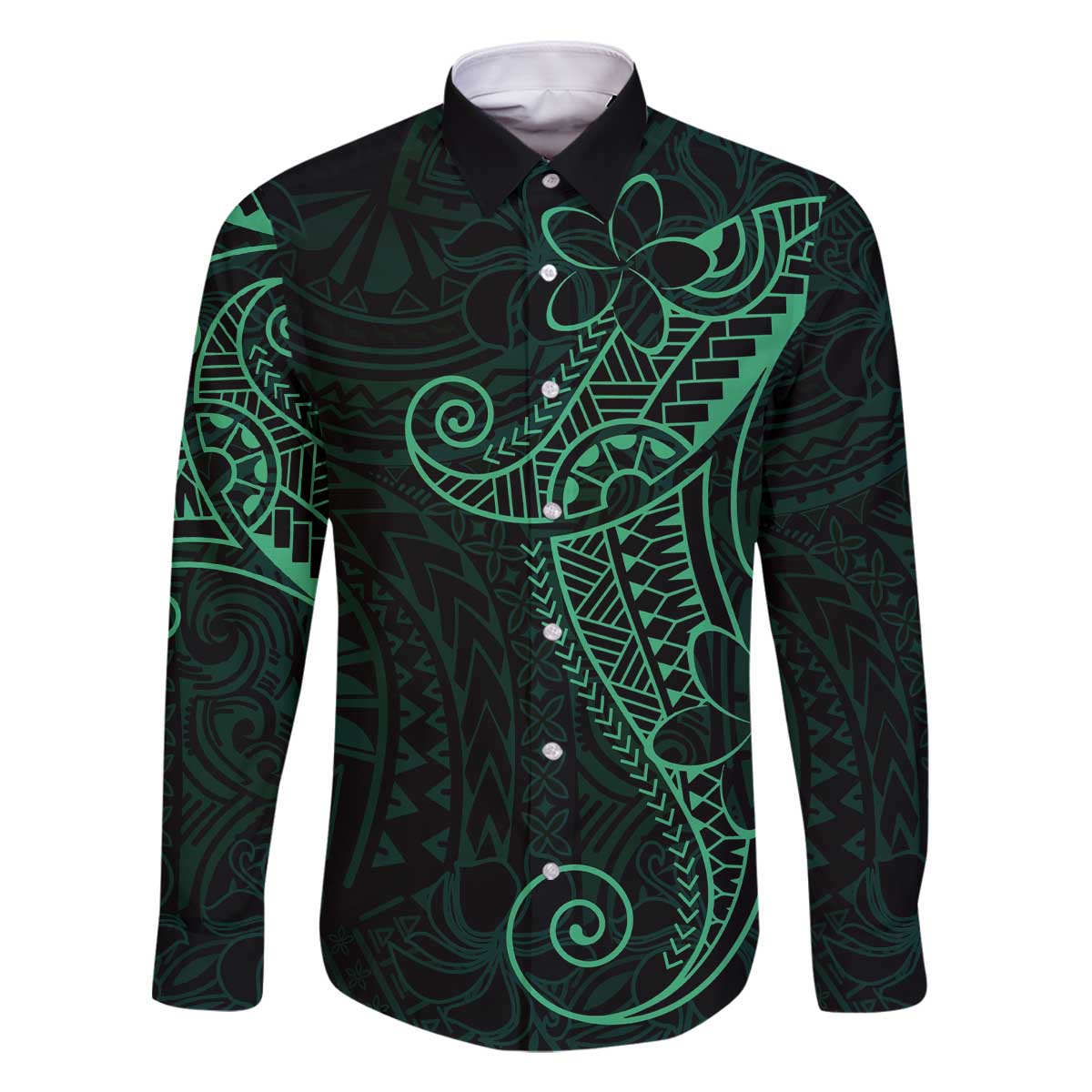Black Green Polynesian Tribal Family Matching Off The Shoulder Long Sleeve Dress and Hawaiian Shirt - Polynesian Pride