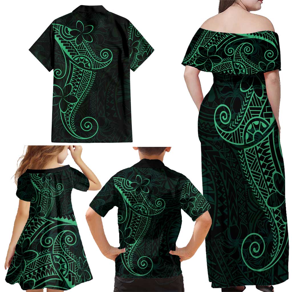 Black Green Polynesian Tribal Family Matching Off Shoulder Maxi Dress and Hawaiian Shirt - Polynesian Pride