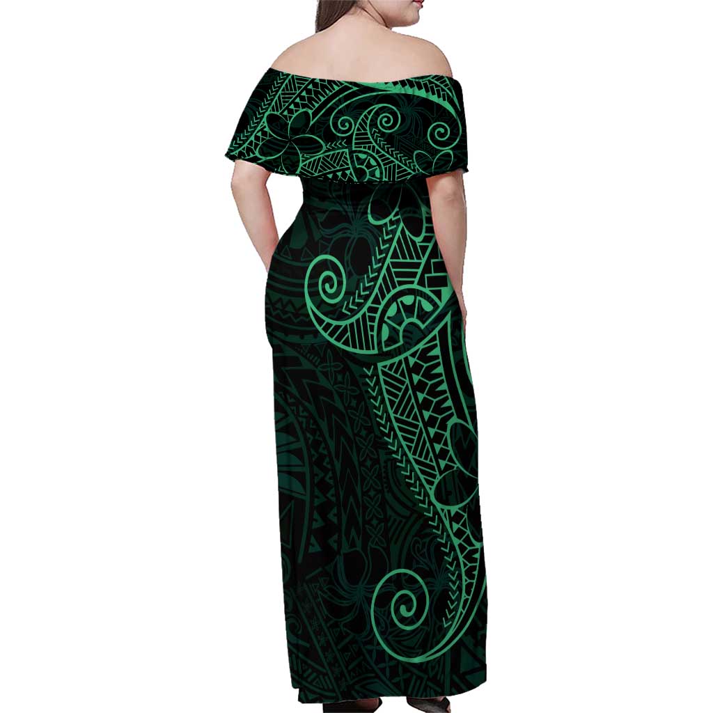 Black Green Polynesian Tribal Family Matching Off Shoulder Maxi Dress and Hawaiian Shirt - Polynesian Pride