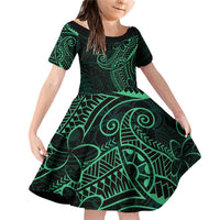 Black Green Polynesian Tribal Family Matching Off Shoulder Short Dress and Hawaiian Shirt LT9 Daughter's Dress Green - Polynesian Pride