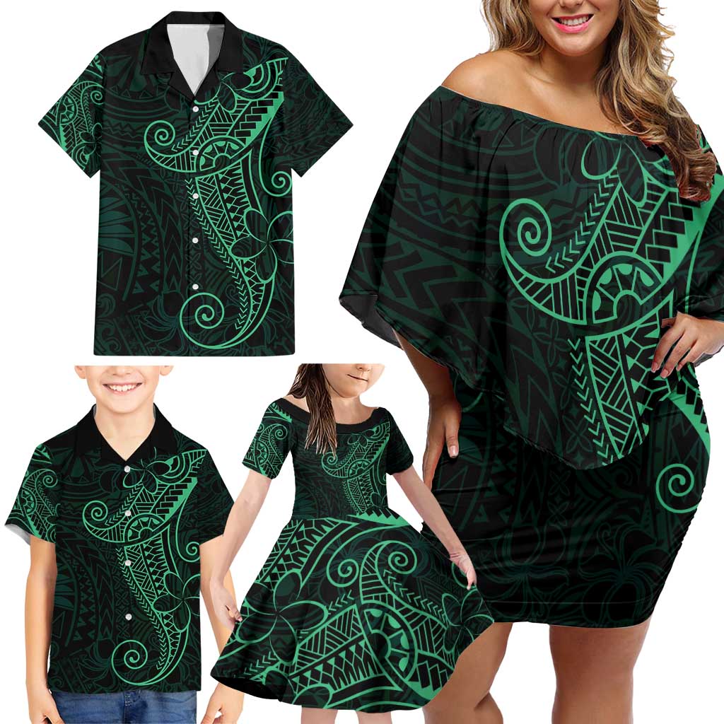 Black Green Polynesian Tribal Family Matching Off Shoulder Short Dress and Hawaiian Shirt LT9 - Polynesian Pride