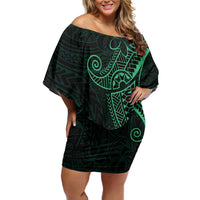 Black Green Polynesian Tribal Family Matching Off Shoulder Short Dress and Hawaiian Shirt LT9 Mom's Dress Green - Polynesian Pride