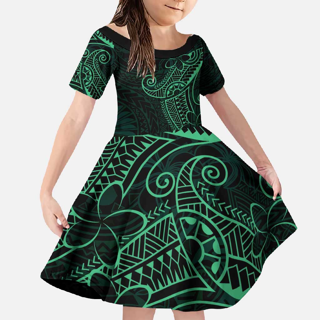 Black Green Polynesian Tribal Family Matching Summer Maxi Dress and Hawaiian Shirt LT9 Daughter's Dress Green - Polynesian Pride