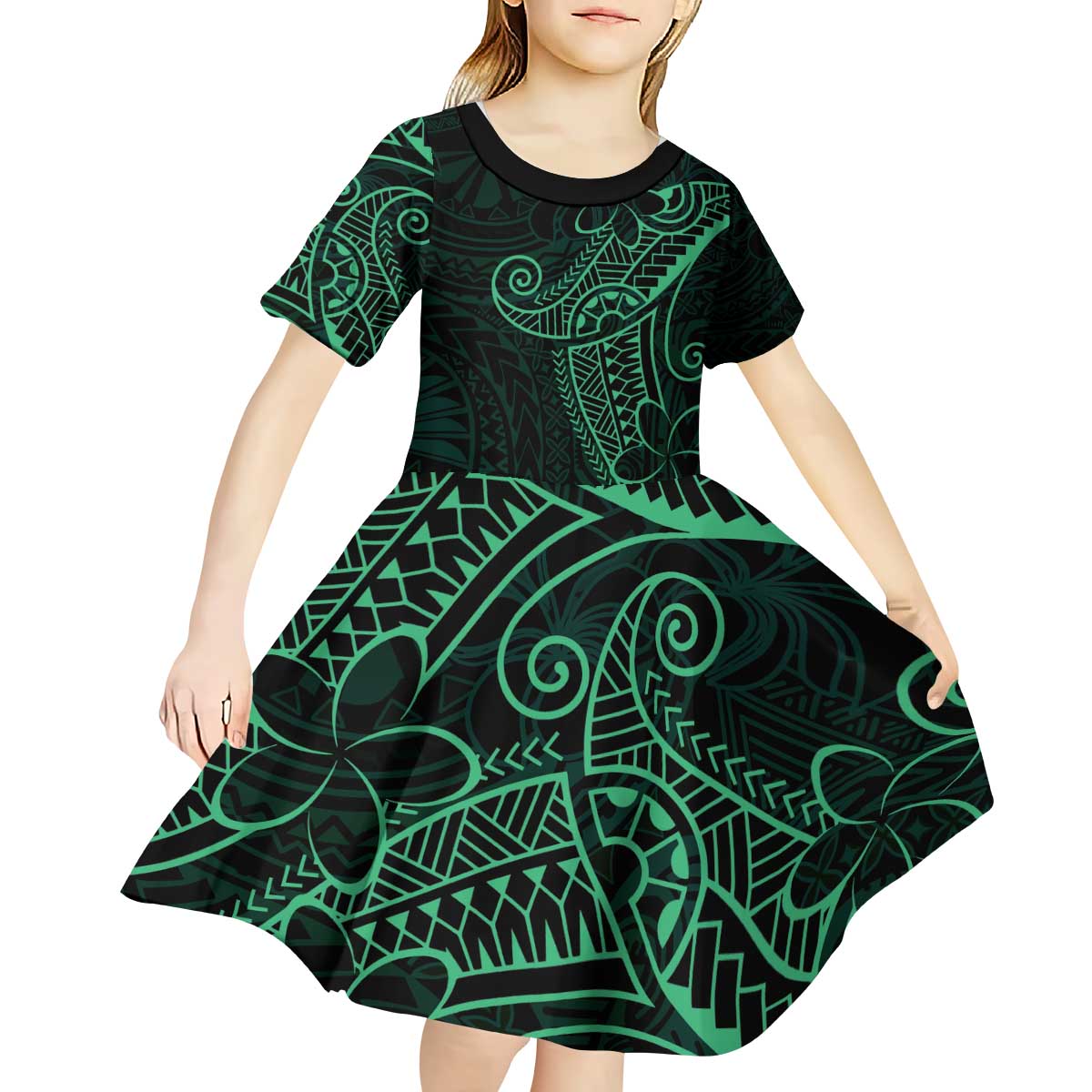 Black Green Polynesian Tribal Kid Short Sleeve Dress - Polynesian Pride