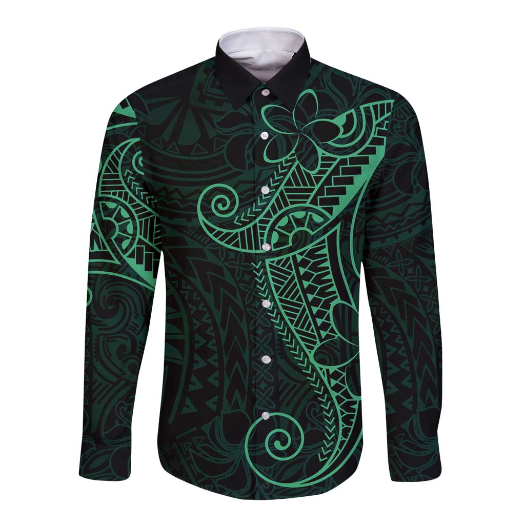 Black Green Polynesian Tribal Long Sleeve Button Shirt LT9 Unisex Green - Polynesian Pride