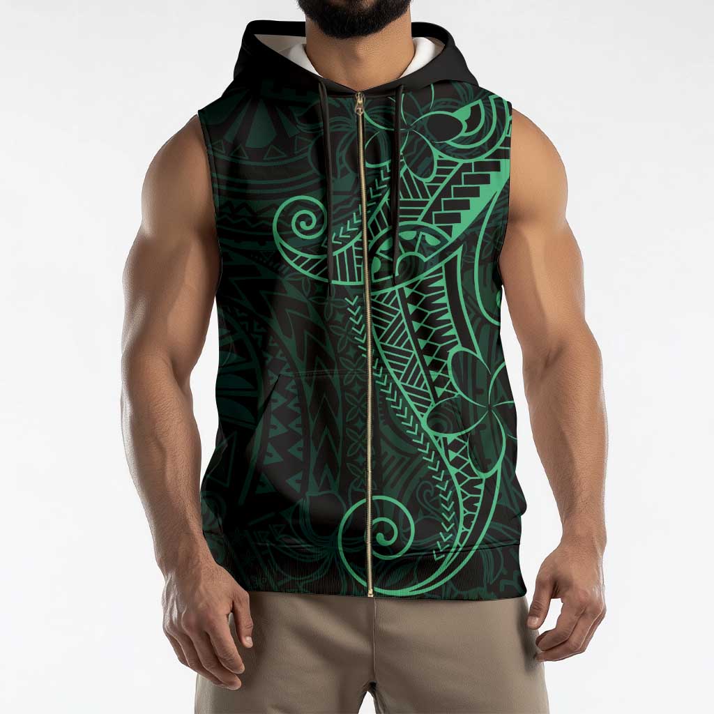Black Green Polynesian Tribal Sleeveless Zip Hoodie - Polynesian Pride