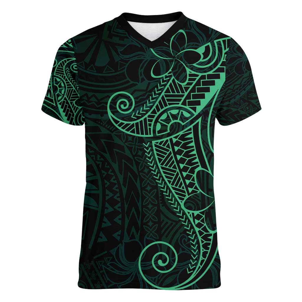 Black Green Polynesian Tribal Women V-Neck T-Shirt LT9 Female Green - Polynesian Pride