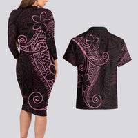Black Pink Polynesian Tribal Couples Matching Long Sleeve Bodycon Dress and Hawaiian Shirt LT9 - Polynesian Pride