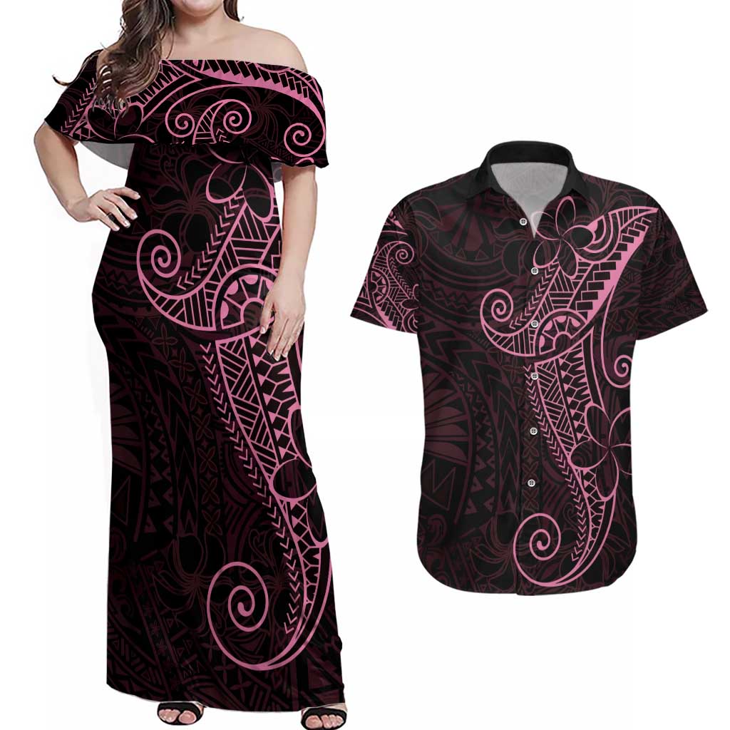Black Pink Polynesian Tribal Couples Matching Off Shoulder Maxi Dress and Hawaiian Shirt LT9 Pink - Polynesian Pride