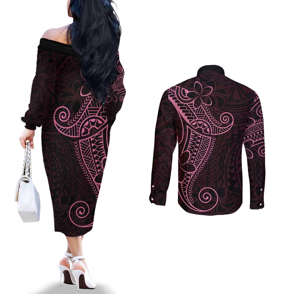 Black Pink Polynesian Tribal Couples Matching Off The Shoulder Long Sleeve Dress and Long Sleeve Button Shirt LT9 - Polynesian Pride