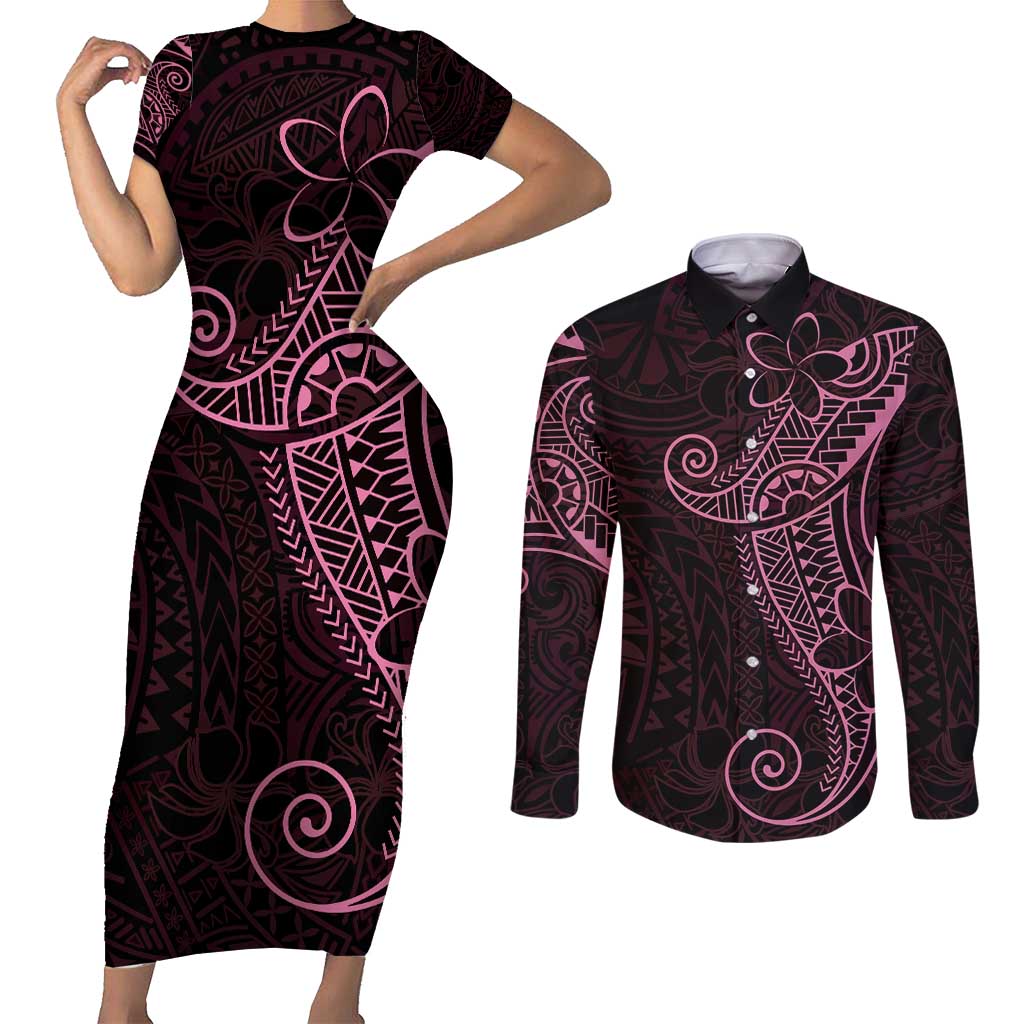 Black Pink Polynesian Tribal Couples Matching Short Sleeve Bodycon Dress and Long Sleeve Button Shirt - Polynesian Pride