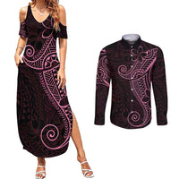Black Pink Polynesian Tribal Couples Matching Summer Maxi Dress and Long Sleeve Button Shirt LT9 Pink - Polynesian Pride