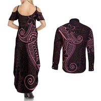 Black Pink Polynesian Tribal Couples Matching Summer Maxi Dress and Long Sleeve Button Shirt LT9 - Polynesian Pride