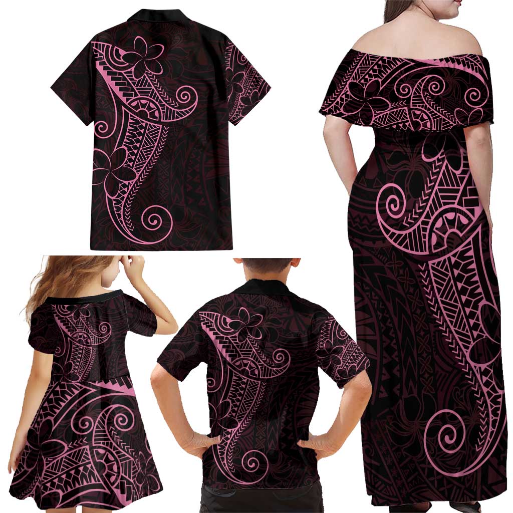 Black Pink Polynesian Tribal Family Matching Off Shoulder Maxi Dress and Hawaiian Shirt - Polynesian Pride