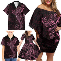 Black Pink Polynesian Tribal Family Matching Off Shoulder Short Dress and Hawaiian Shirt LT9 - Polynesian Pride