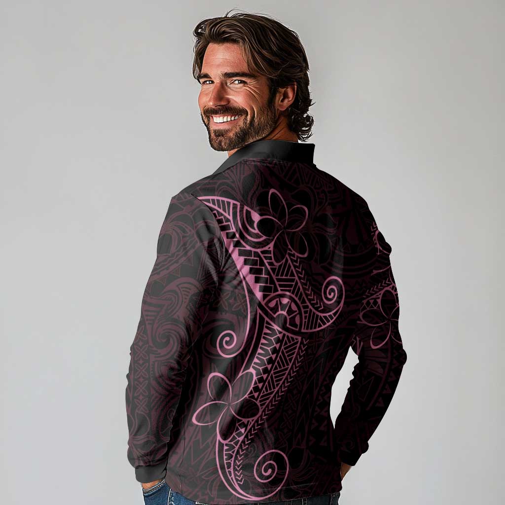 Black Pink Polynesian Tribal Long Sleeve Polo Shirt - Polynesian Pride