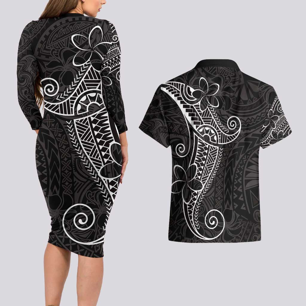 Black White Polynesian Tribal Couples Matching Long Sleeve Bodycon Dress and Hawaiian Shirt LT9 - Polynesian Pride