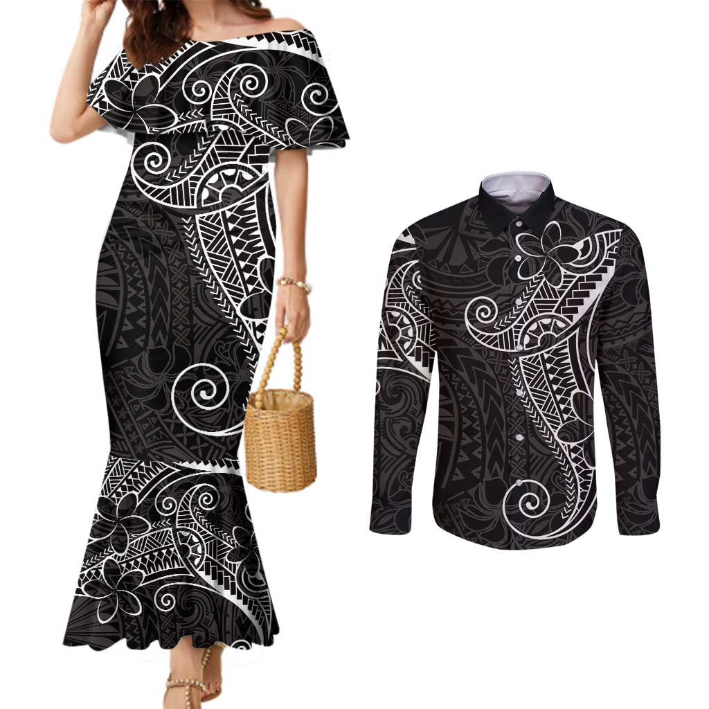 Black White Polynesian Tribal Couples Matching Mermaid Dress and Long Sleeve Button Shirt LT9 White - Polynesian Pride