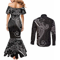Black White Polynesian Tribal Couples Matching Mermaid Dress and Long Sleeve Button Shirt LT9 - Polynesian Pride
