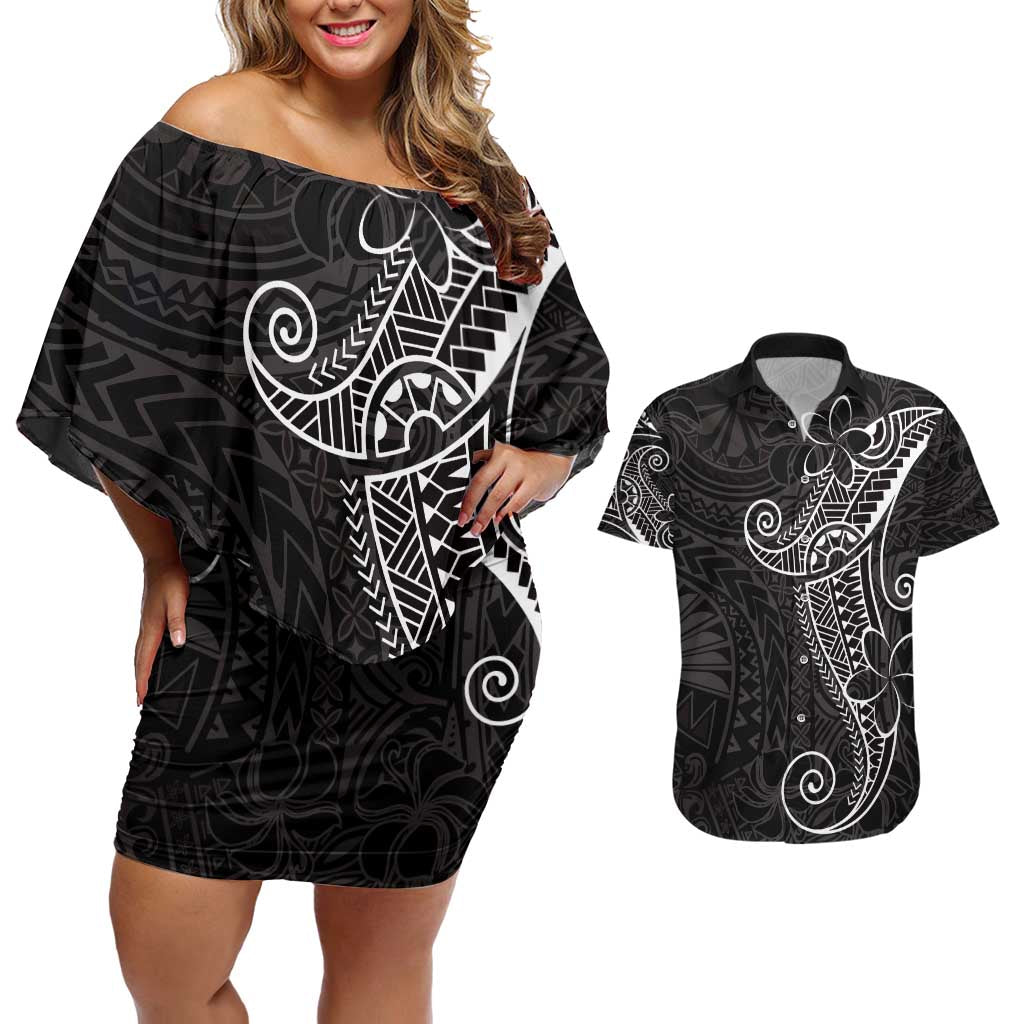 Black White Polynesian Tribal Couples Matching Off Shoulder Short Dress and Hawaiian Shirt LT9 White - Polynesian Pride