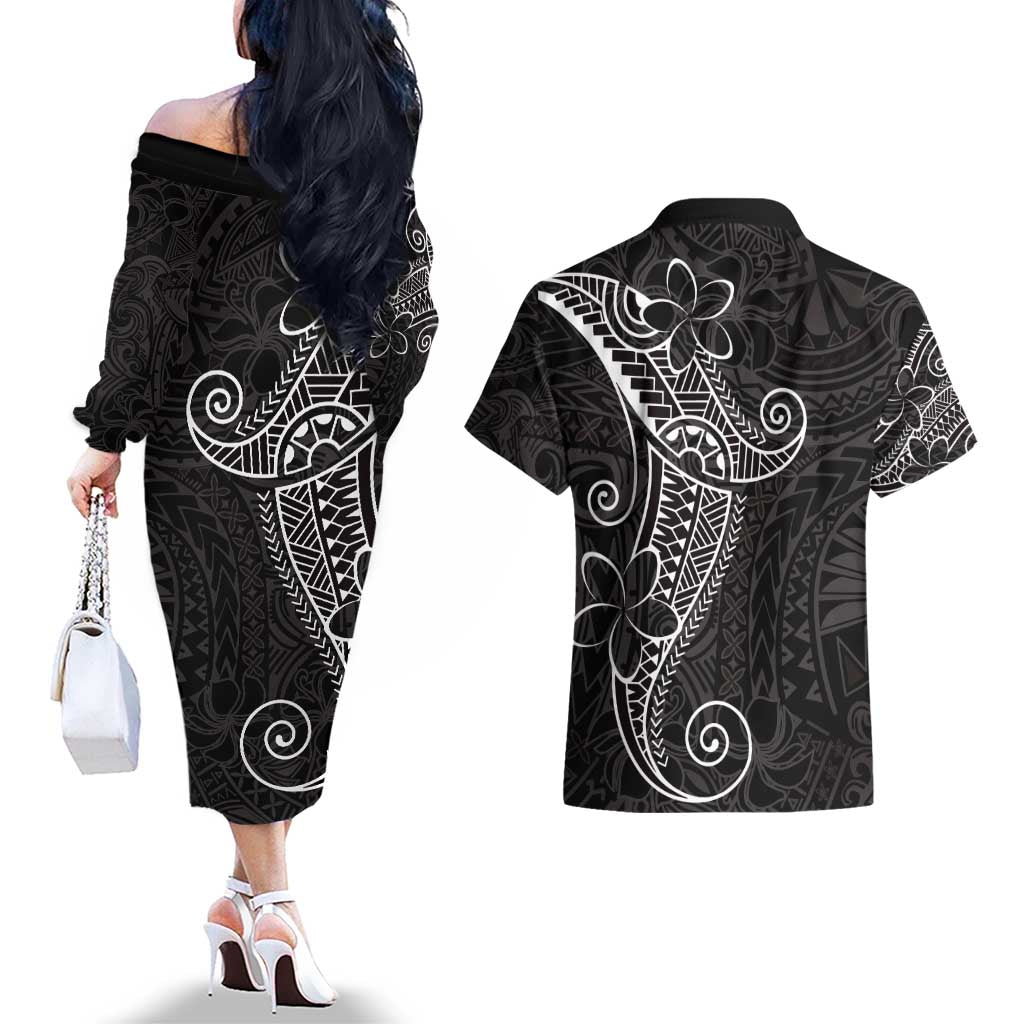Black White Polynesian Tribal Couples Matching Off The Shoulder Long Sleeve Dress and Hawaiian Shirt - Polynesian Pride