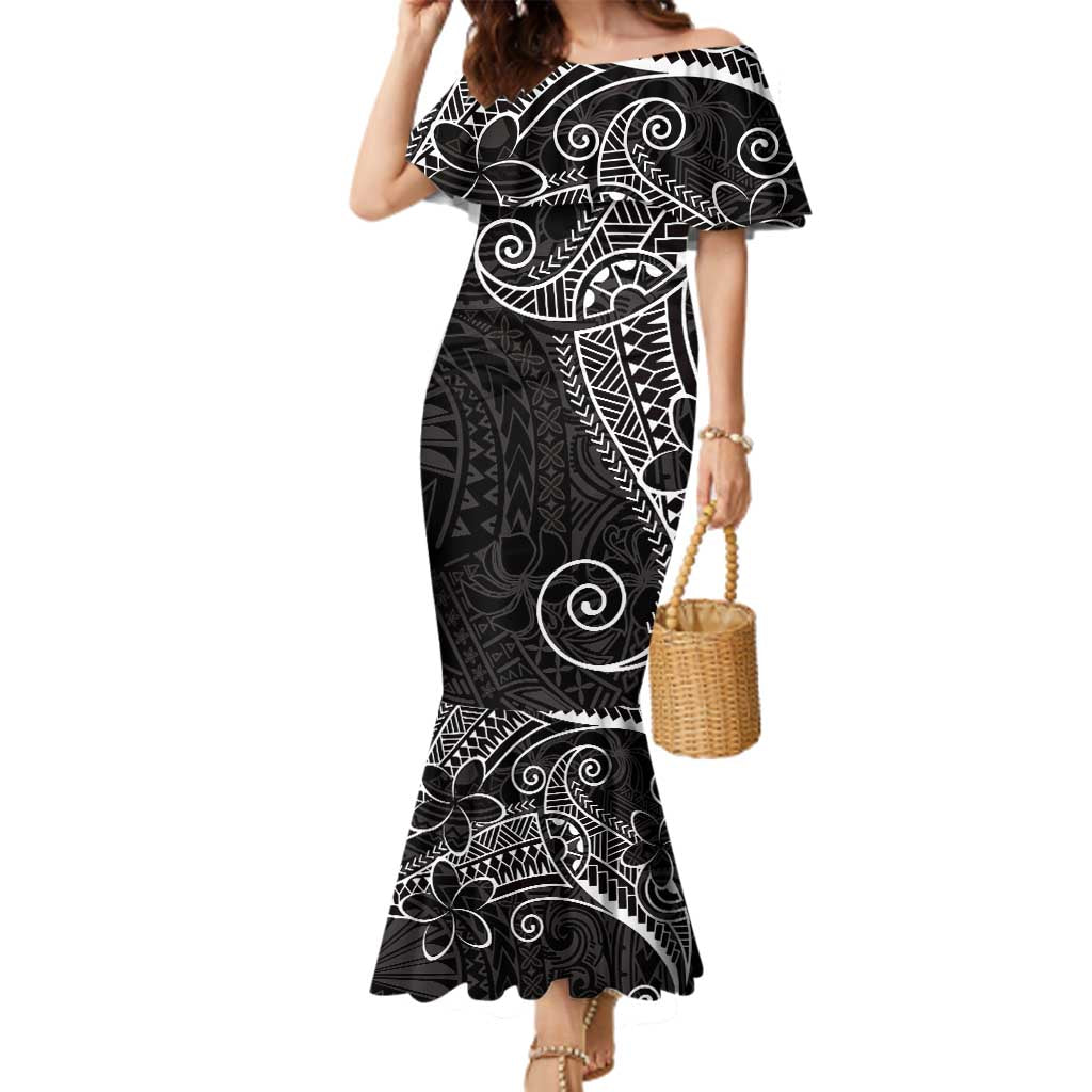 Black White Polynesian Tribal Family Matching Mermaid Dress and Hawaiian Shirt LT9 Mom's Dress White - Polynesian Pride
