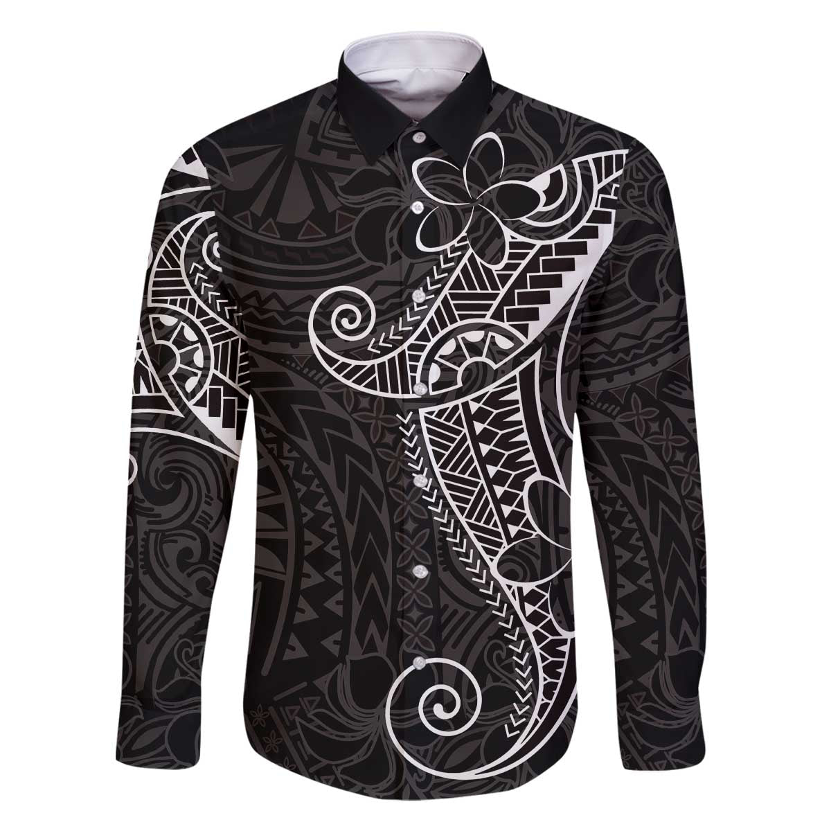 Black White Polynesian Tribal Family Matching Off The Shoulder Long Sleeve Dress and Hawaiian Shirt - Polynesian Pride