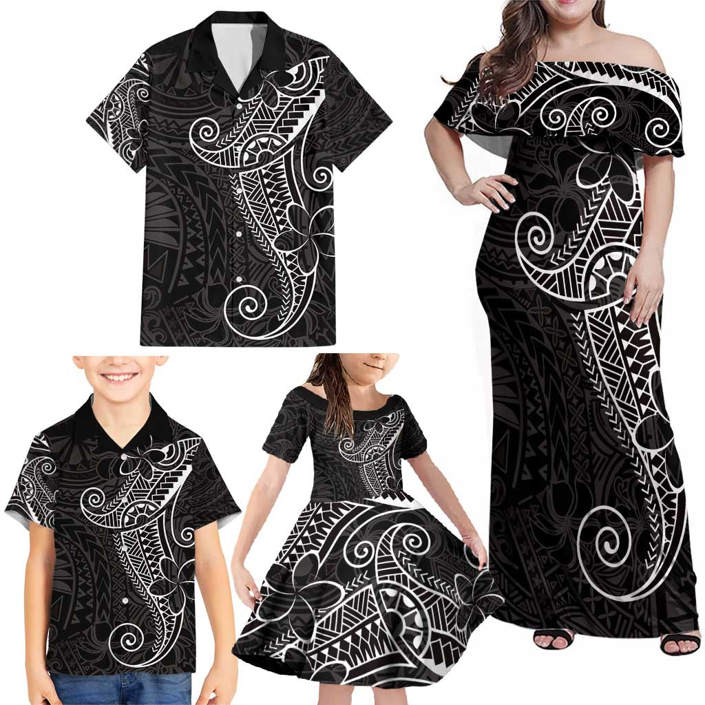 Black White Polynesian Tribal Family Matching Off Shoulder Maxi Dress and Hawaiian Shirt - Polynesian Pride