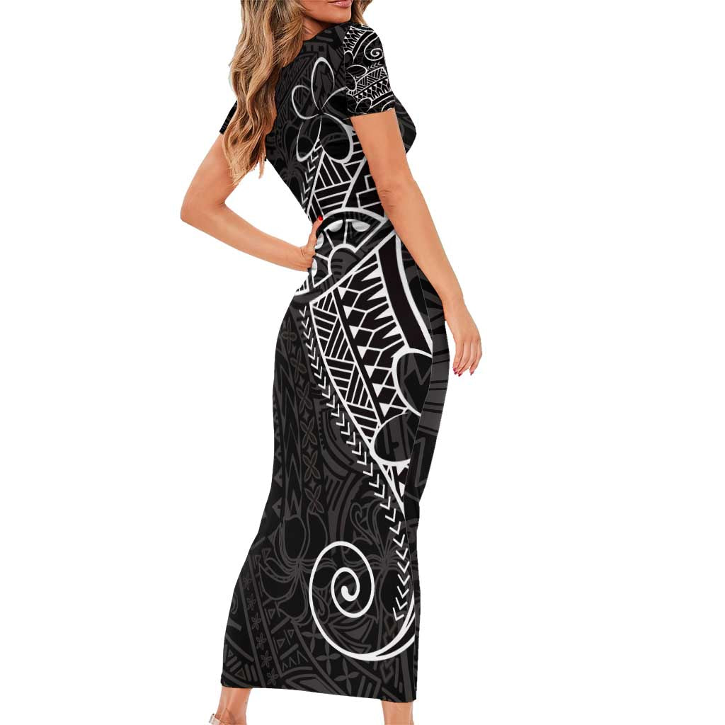 Black White Polynesian Tribal Family Matching Short Sleeve Bodycon Dress and Hawaiian Shirt LT9 - Polynesian Pride