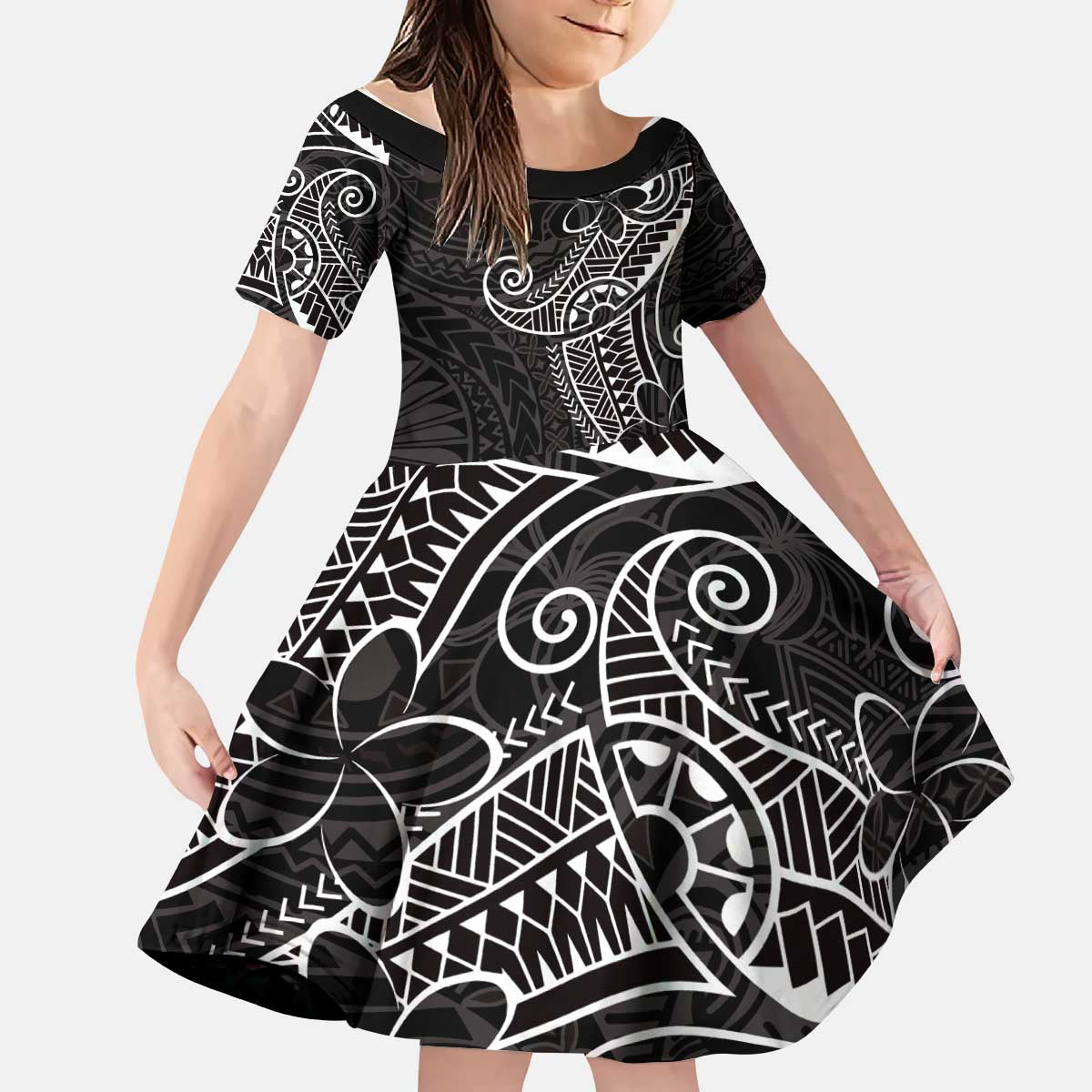 Black White Polynesian Tribal Kid Short Sleeve Dress - Polynesian Pride